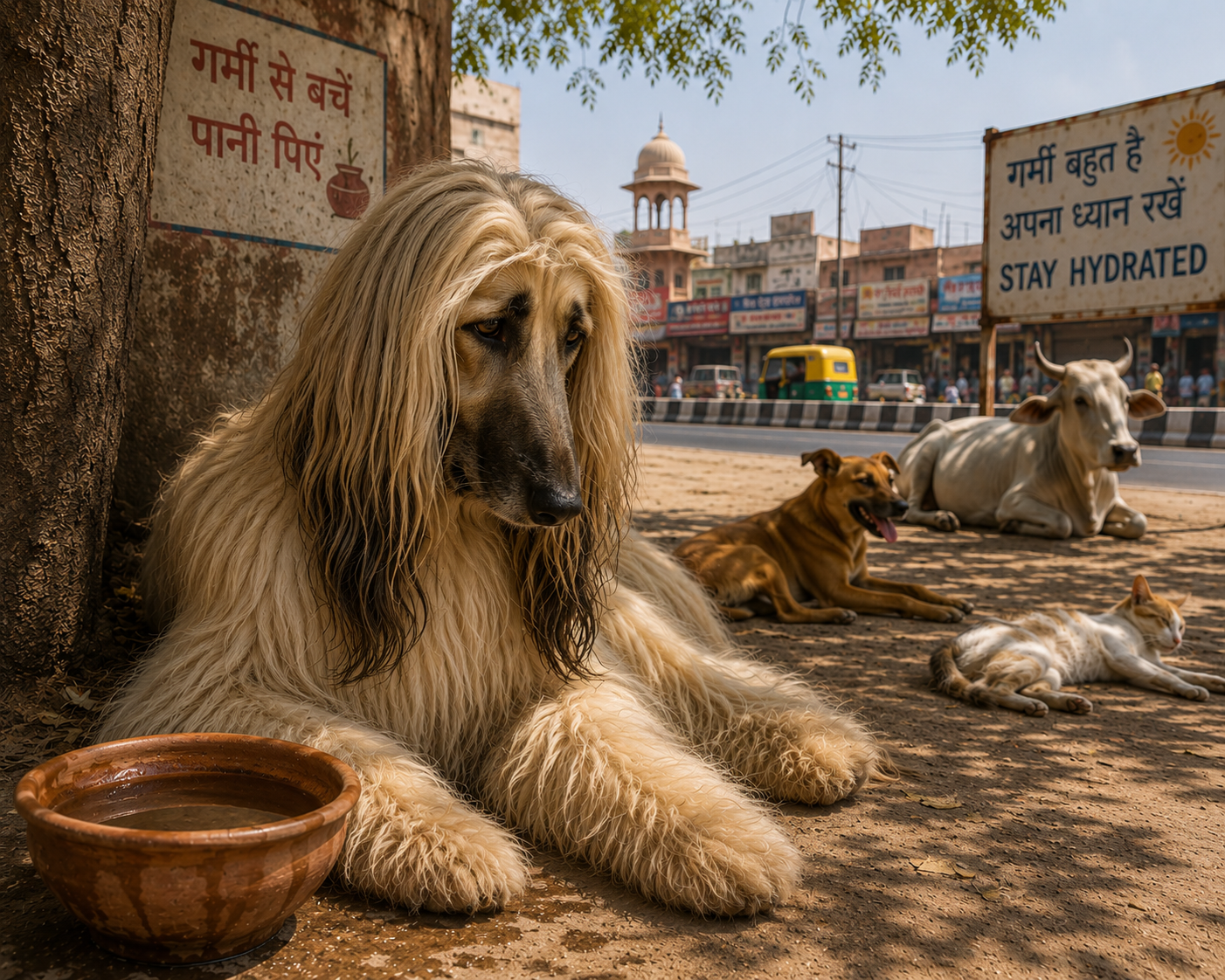 Dehydrated Afghan Hound Feeling Sad in Summer
