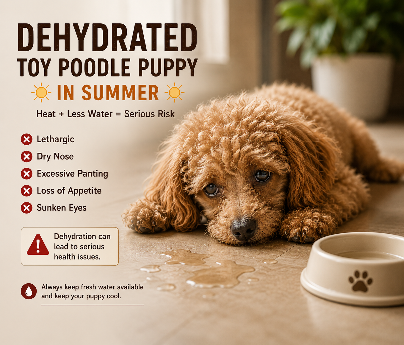 Sad dehydrated Toy Poodle puppy suffering during hot summer weather