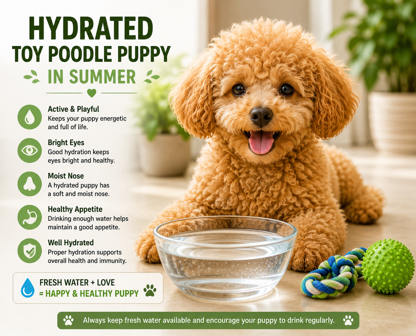 Happy hydrated Toy Poodle puppy with fresh water during summer season