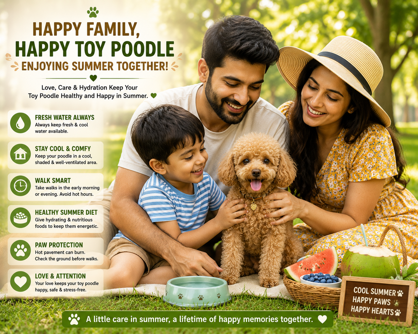 Happy family enjoying summer with hydrated toy poodle puppy outdoors